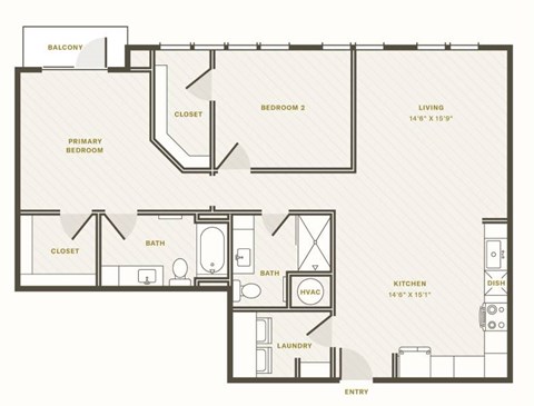 Floor plan for 2 beds, 2 baths, 1217 sqft